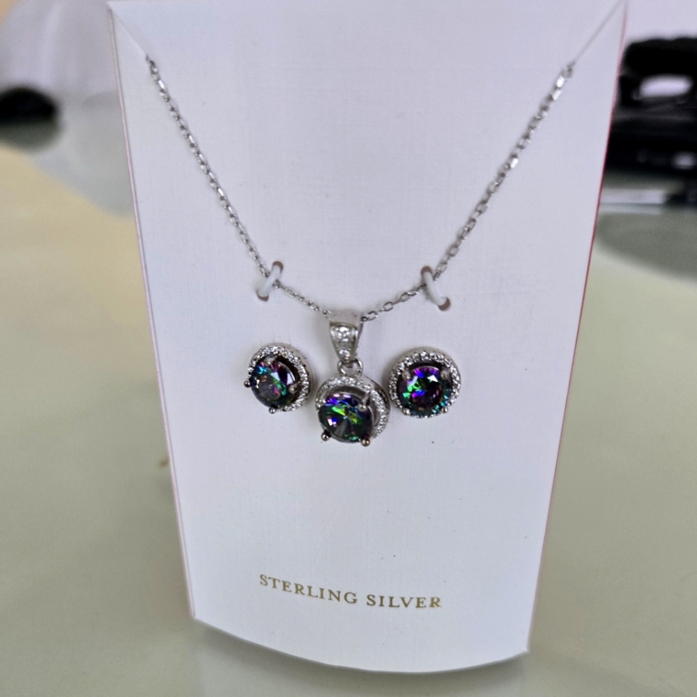 Sterling Silver Necklace and Earring Set with Iridescent Stones